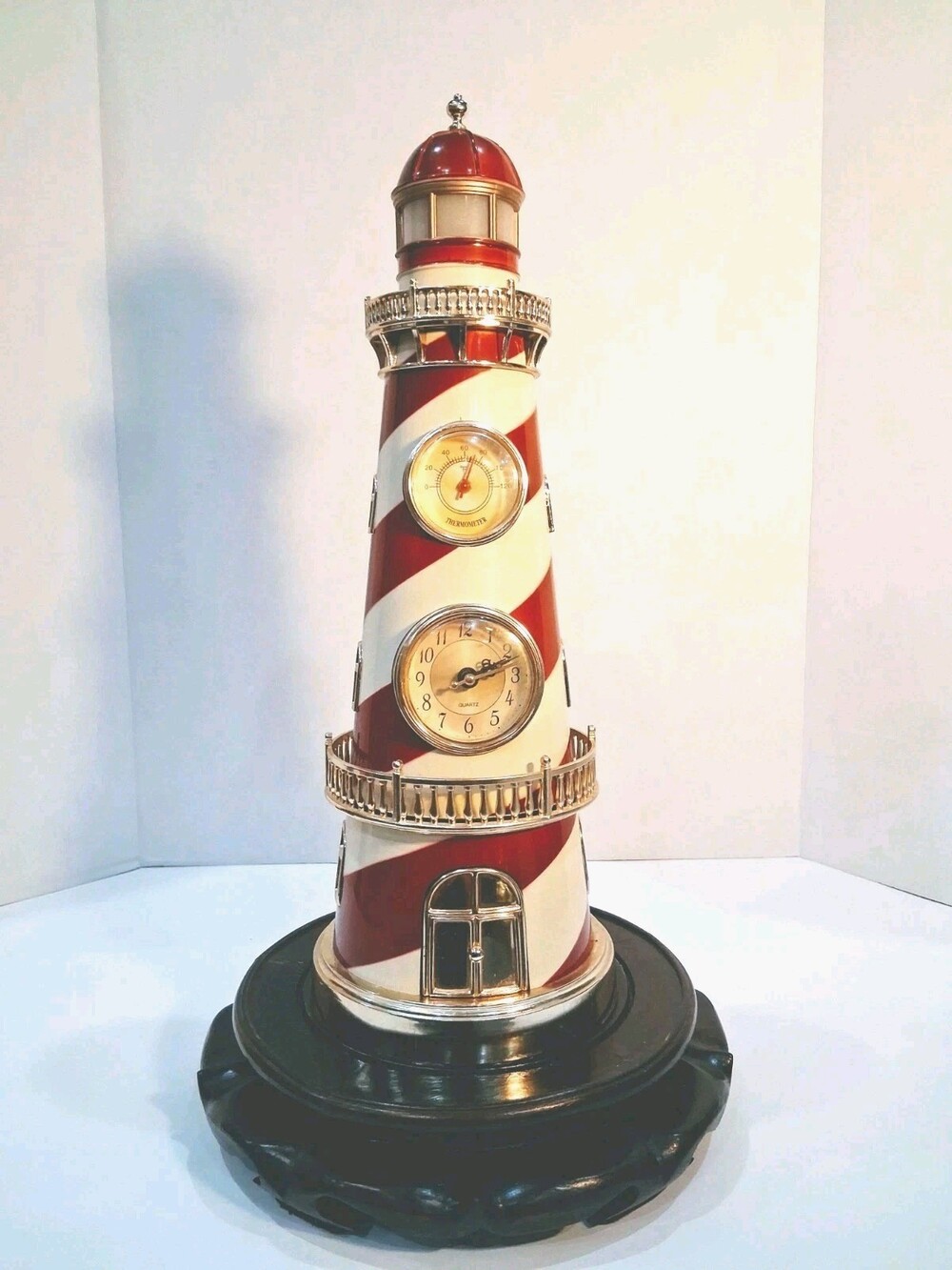 VTG Eleco Style 14.5"H Lighthouse Sculpture;Clock Thermometer,Music Box All WORK